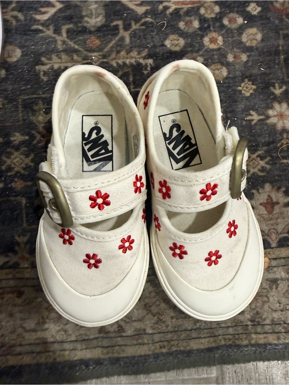 Vans Kids White Canvas Mary Jane Sneakers with Red Floral Embroidery